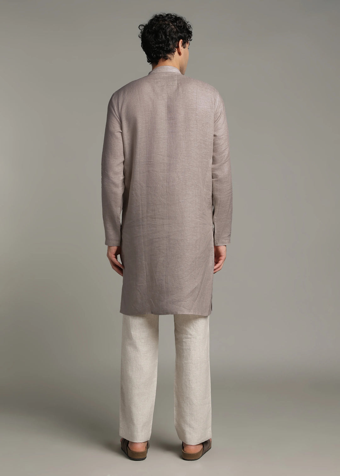 Taj - Pure Linen Long Kurta with Yolk Stitch Detail and Mother Of Pearl Buttons - Fawn Brown