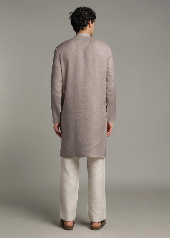 Taj - Pure Linen Long Kurta with Yolk Stitch Detail and Mother Of Pearl Buttons - Fawn Brown