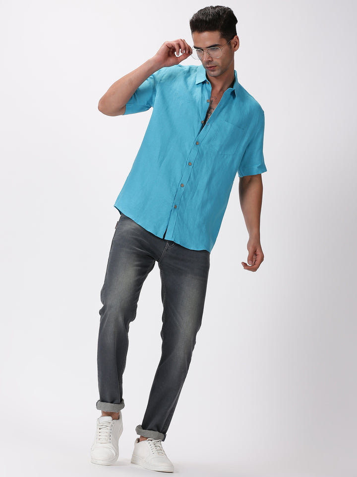 Kian - Pure Linen Regular Collar Half Sleeve Shirt - Aqua Blue