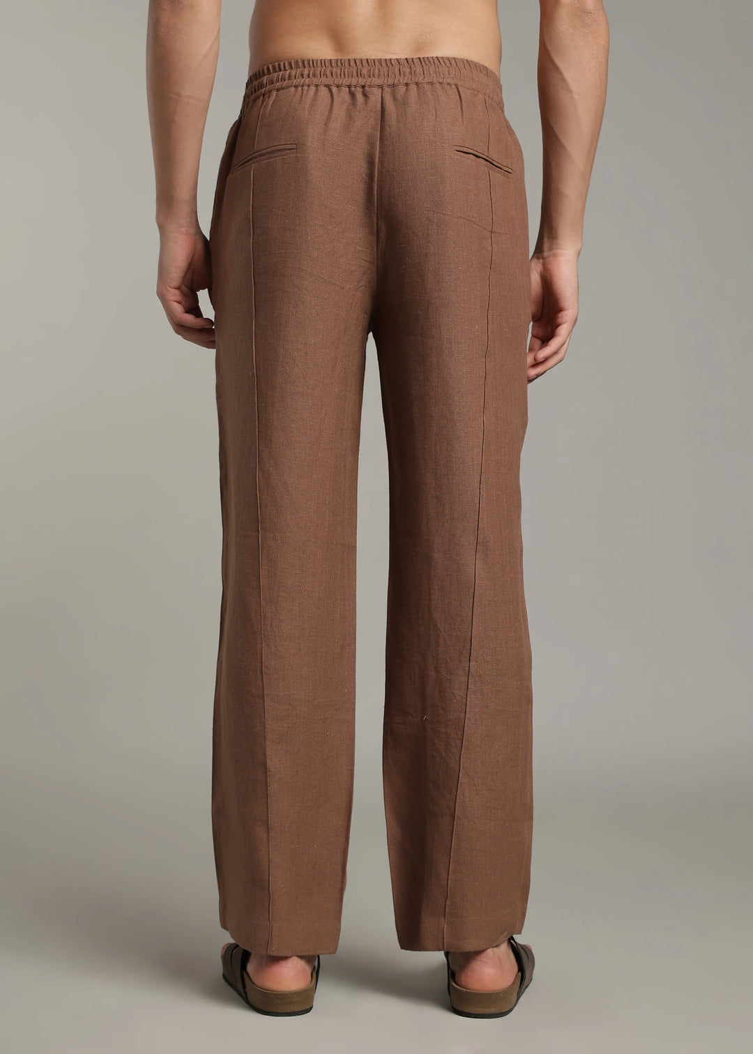 Art Pants - Pure Linen Elastic Casual Pants with Drawstrings - Walnut Brown