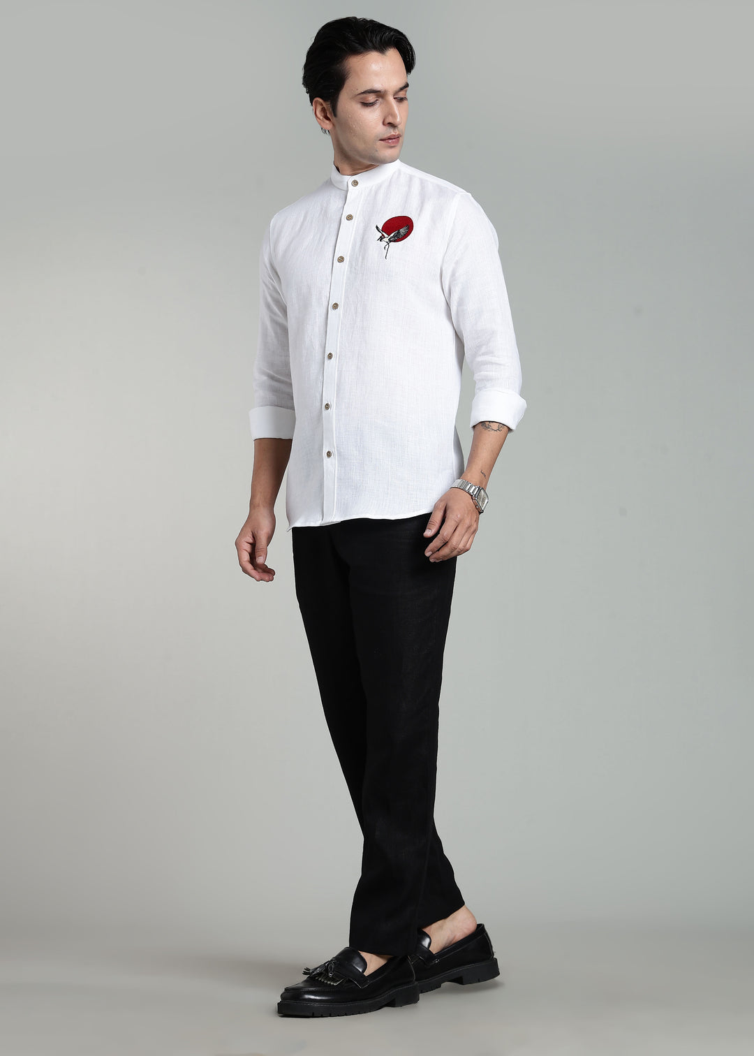 Asahi - Pure Linen Full Sleeve Mandarin Collar Embroidered Shirt - White