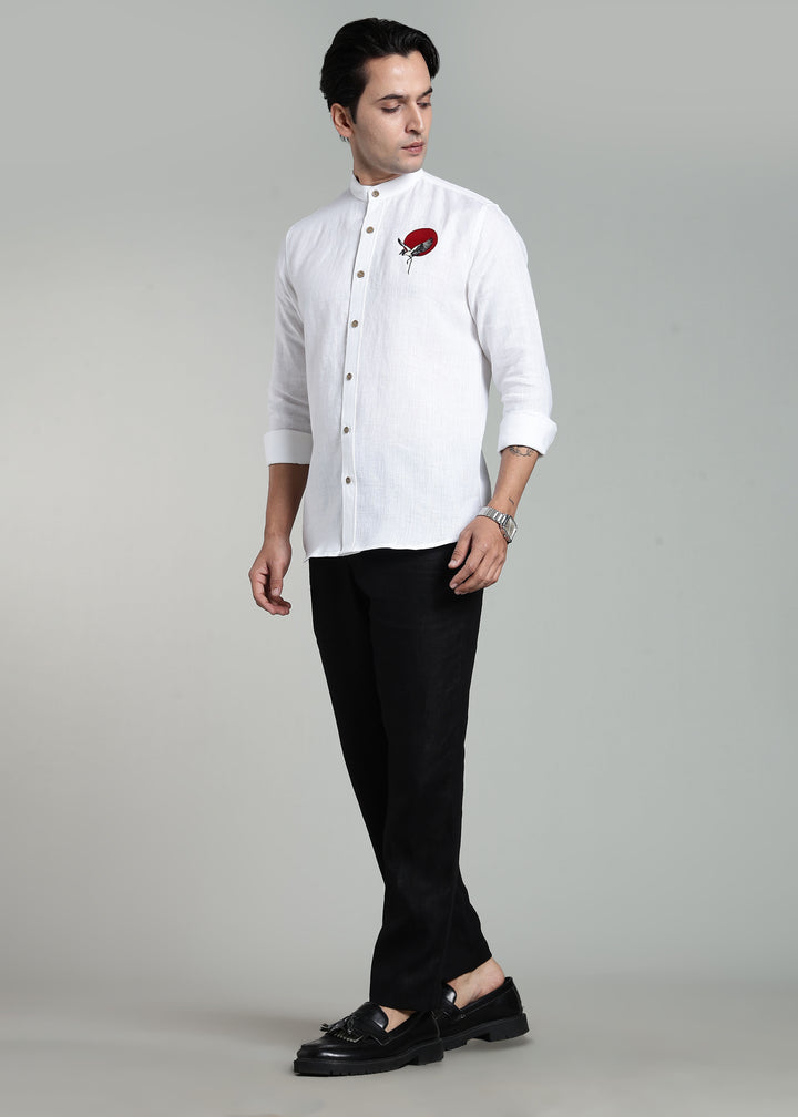 Asahi - Pure Linen Full Sleeve Mandarin Collar Embroidered Shirt - White