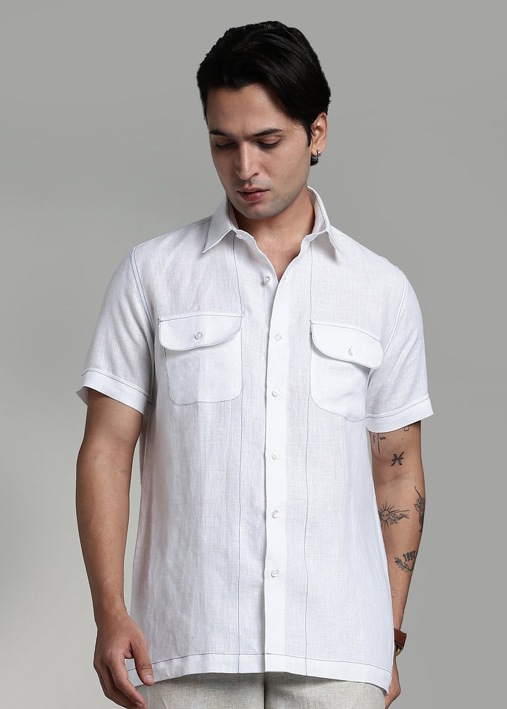 Eden - Pure Linen Half Sleeve with Contrast Stitch Detail - White & Egyptian Blue