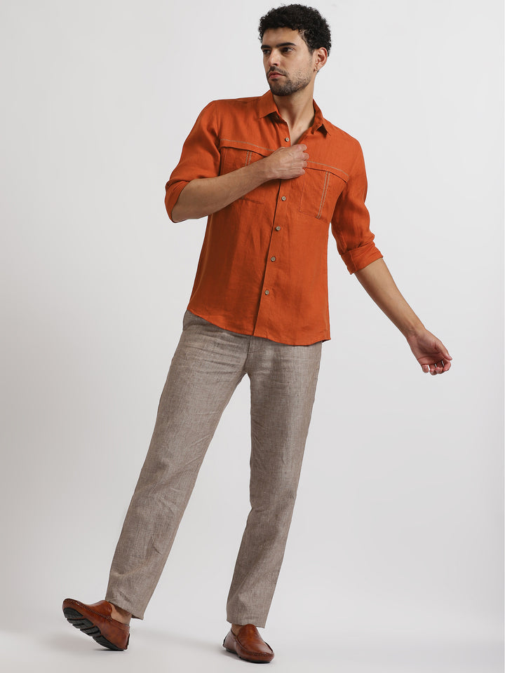 Xander - Pure Linen Double Pocket Embroidered Full Sleeve Shirt - Rust