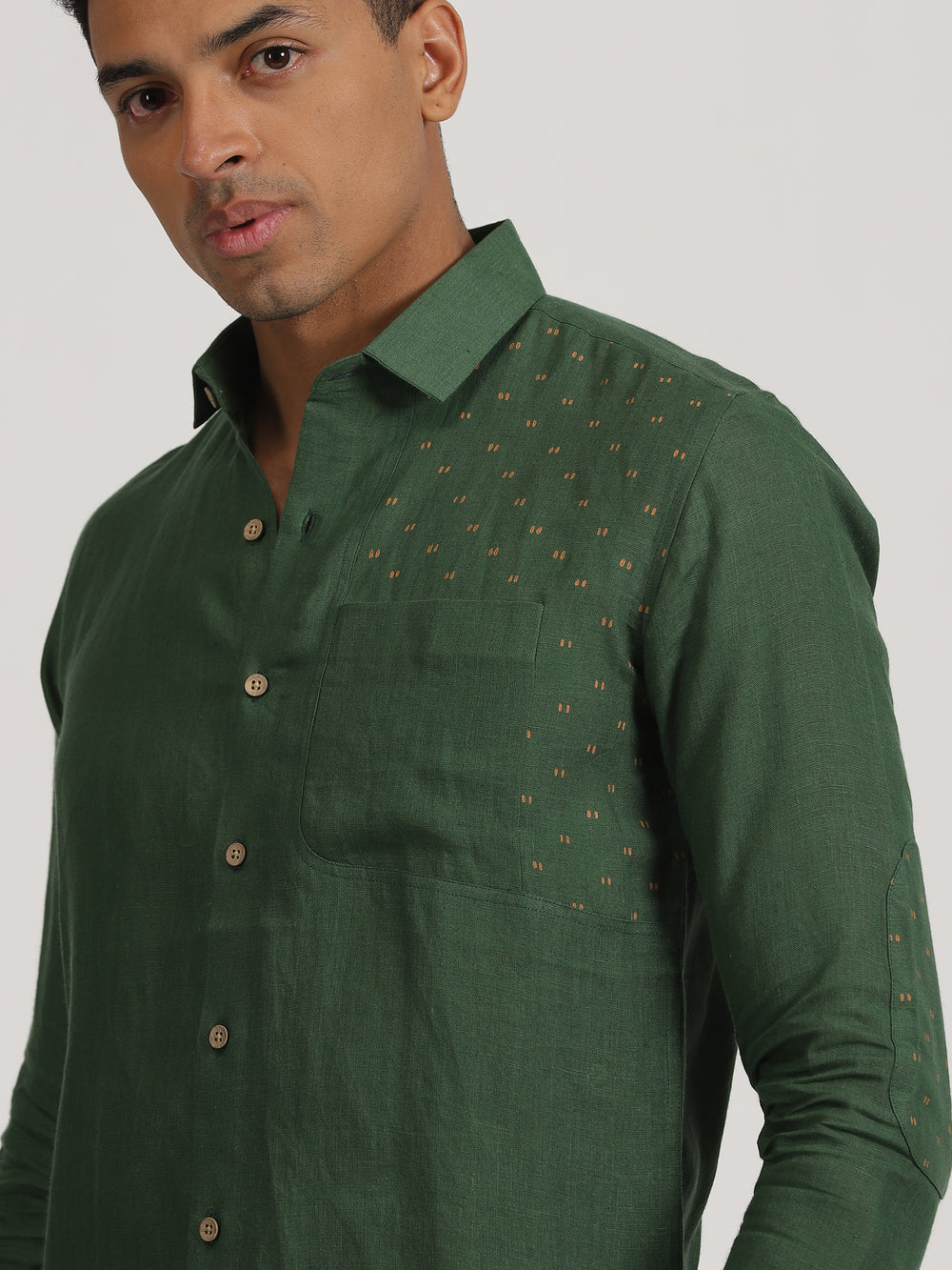 Ryker - Pure Linen Block Printed Dobby Full Sleeve Shirt - Dark Green