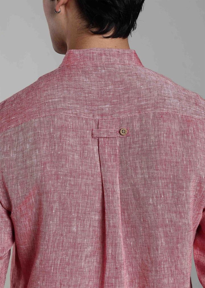 Zeke - Pure Linen Shirt with Back Box Pleat & Button Detail - Red Chambray