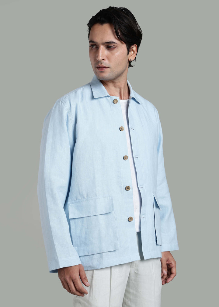 Filipe - Pure Linen Utility Jacket - Pastel Blue