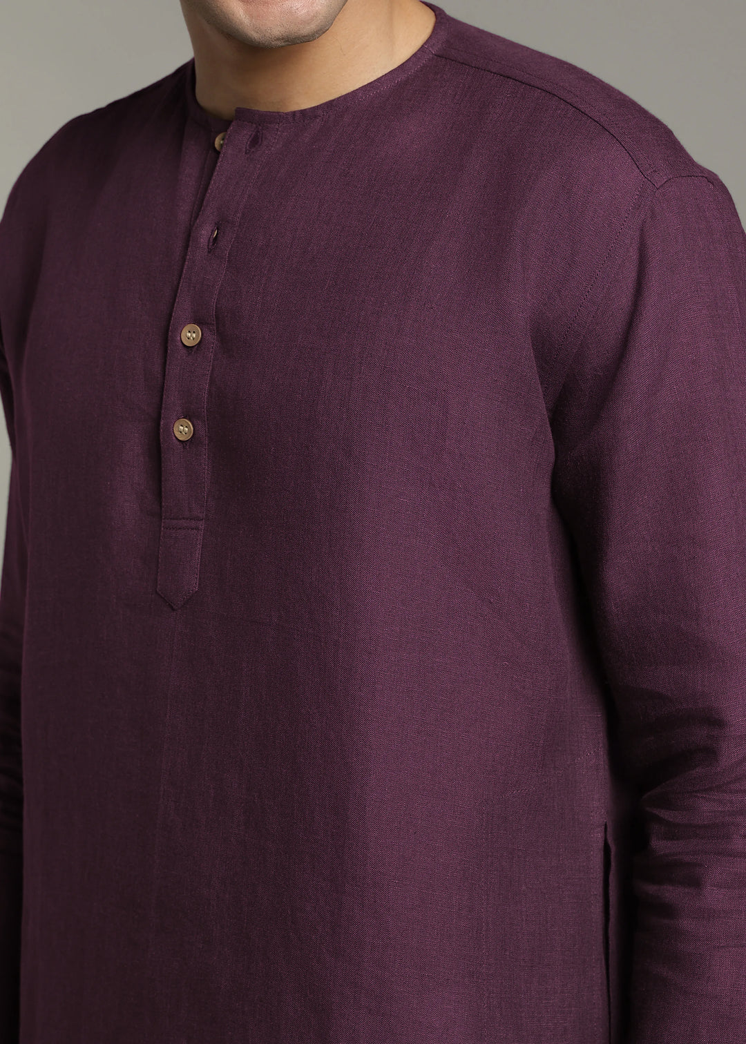 Zouq - Full Sleeve Collarless Pure Linen Mid Kurta  - Dark Purple