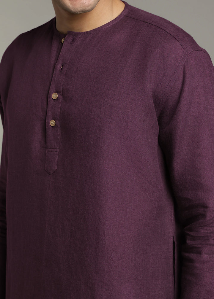 Zouq - Full Sleeve Collarless Pure Linen Mid Kurta  - Dark Purple
