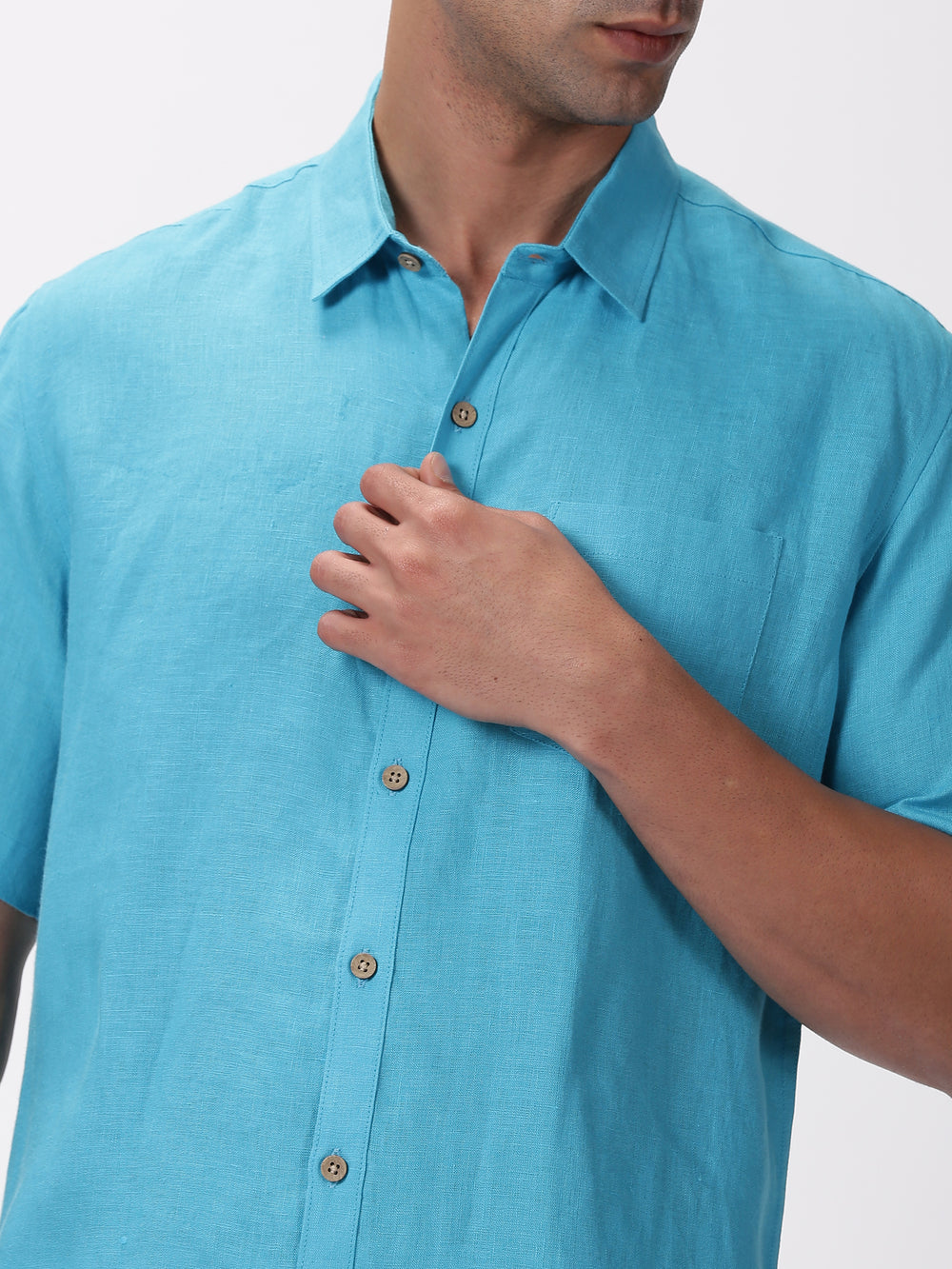 Kian - Pure Linen Regular Collar Half Sleeve Shirt - Aqua Blue