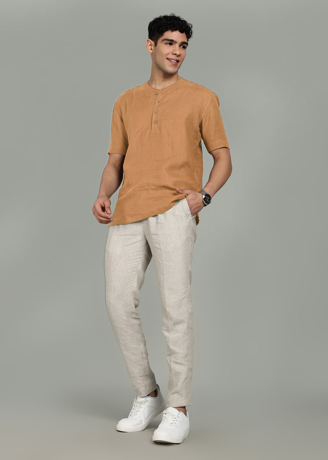 Ruben - Pure Linen Baseball Jersey Neckline T-Shirt - Mustard Brown
