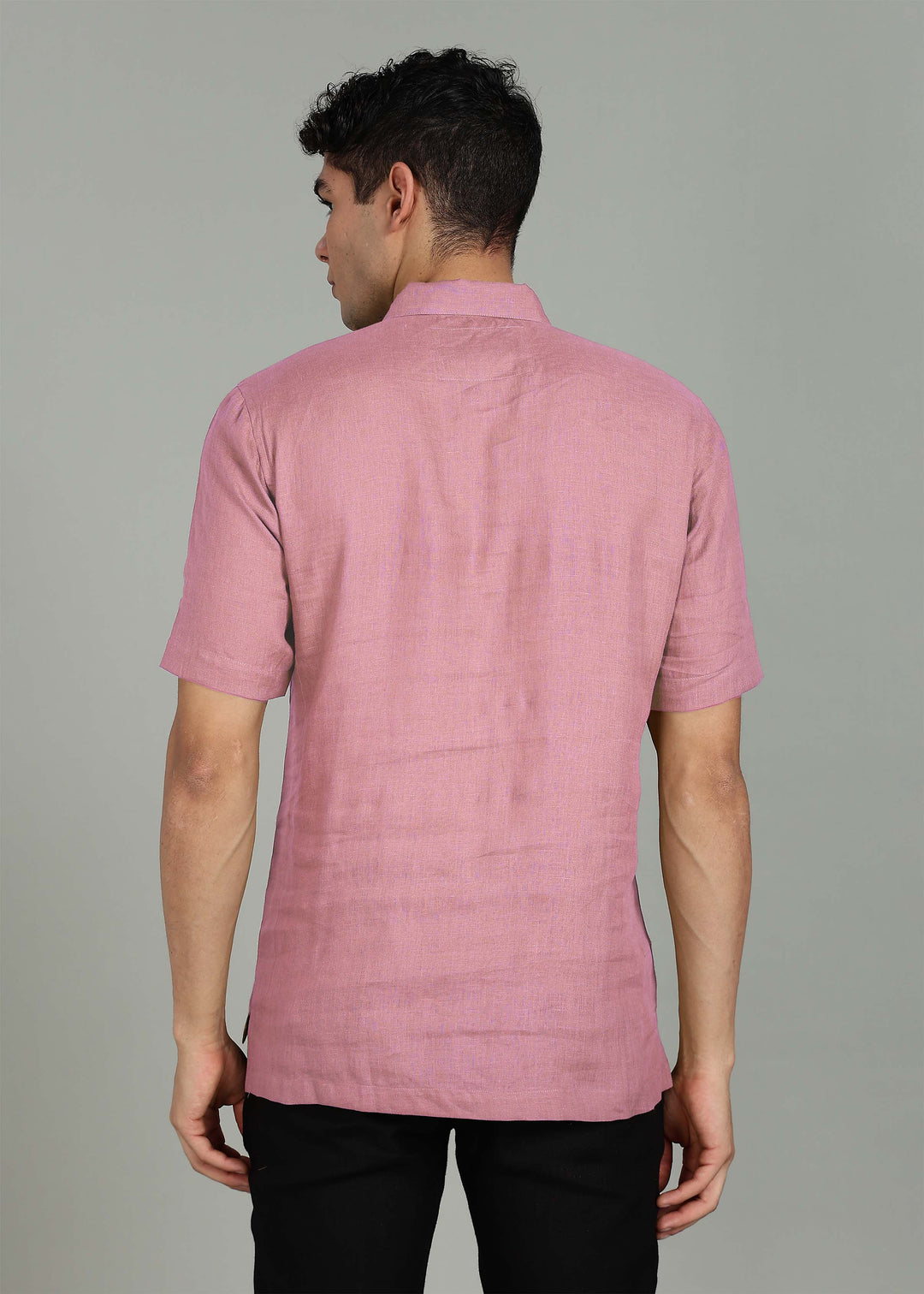Aero - Pure Linen Front Zipper T-Shirt with Stylized Collar - Dusty Pink