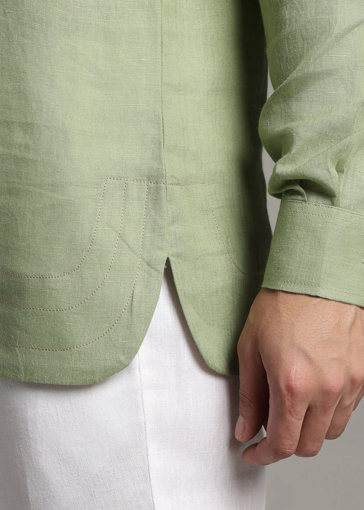 Saif - Pure Linen Full Sleeve Short Kurta with Hem Stitch Detail - Peppermint Green