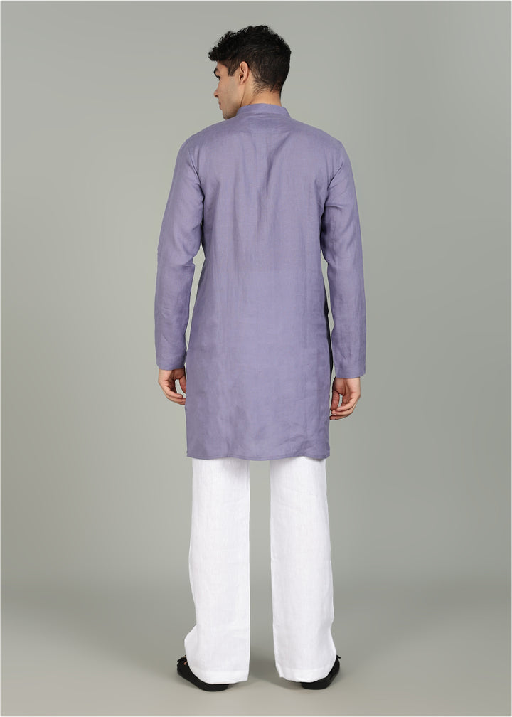 Man wearing a 100% Lavender violet 60 lea Kurta, with placket detail, in a Grey  Background indoor.