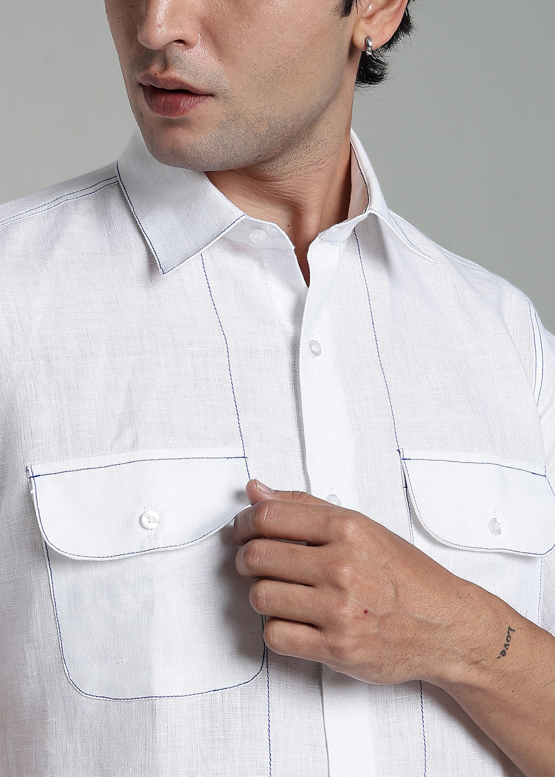 Eden - Pure Linen Half Sleeve with Contrast Stitch Detail - White & Egyptian Blue