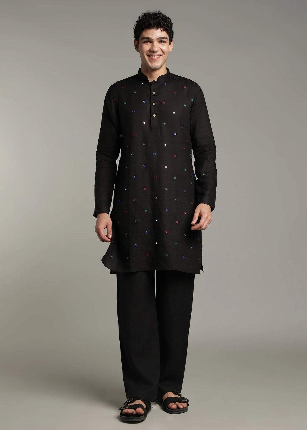 Aaina - Pure Linen Mirror Embroidered Regular Kurta - Black