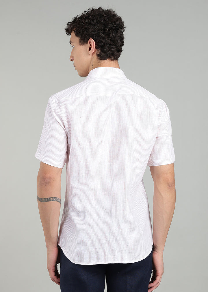 Mark - Pure Linen Half Sleeve Shirt - Red Pinstripe