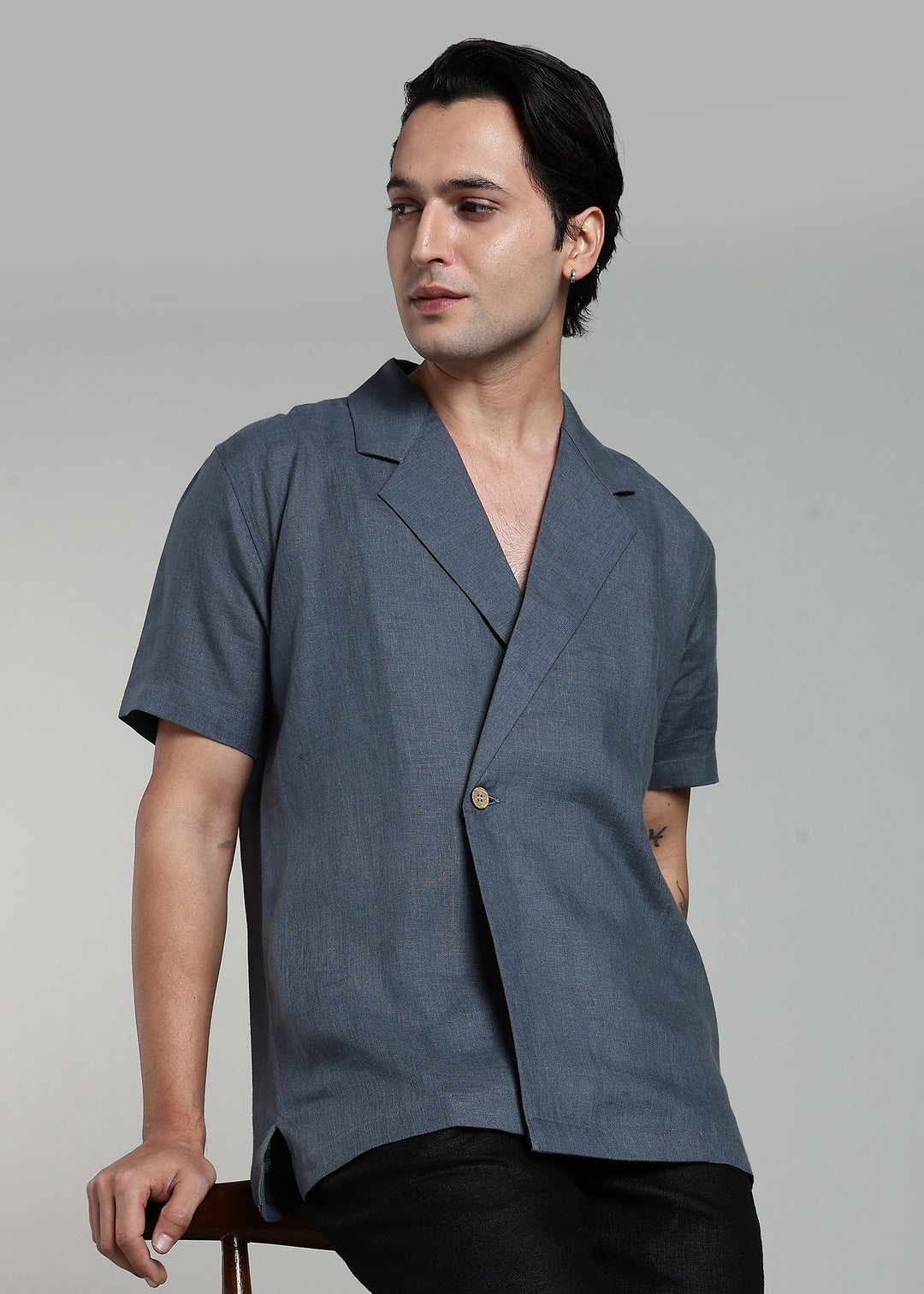 Kaze - Pure Linen Half Sleeve Notch Lapel Shirt - Gunmetal Grey
