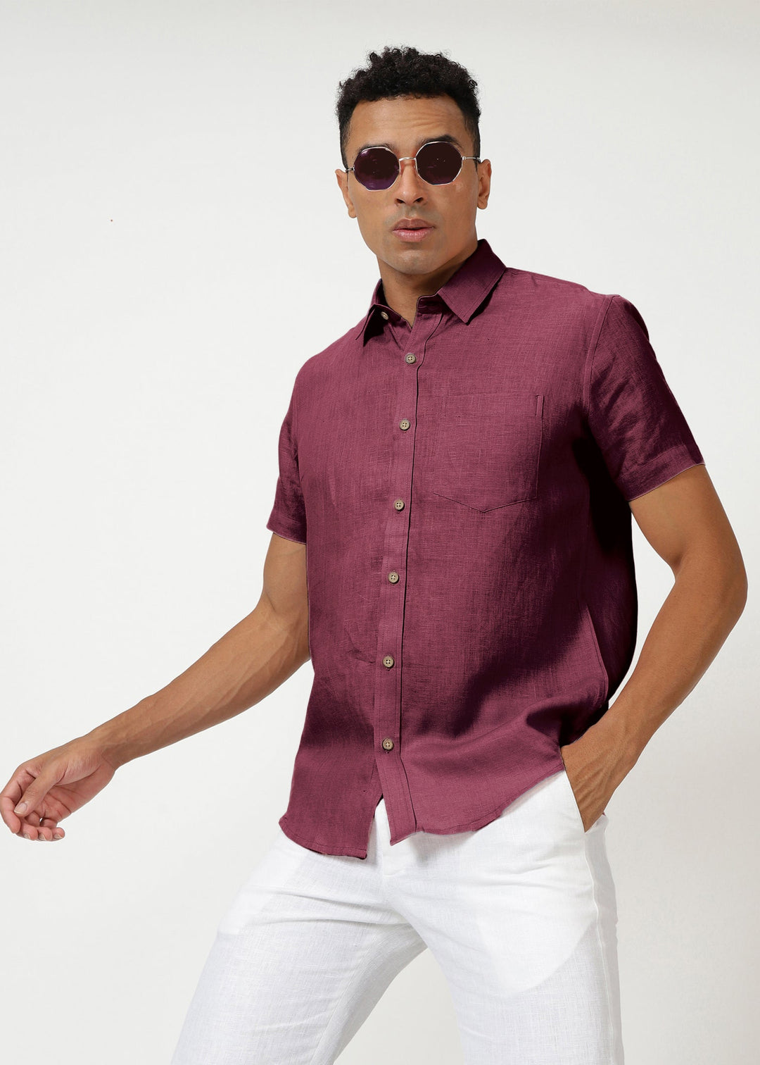Harvey - Pure Linen Half Sleeve Shirt - Twilight Purple