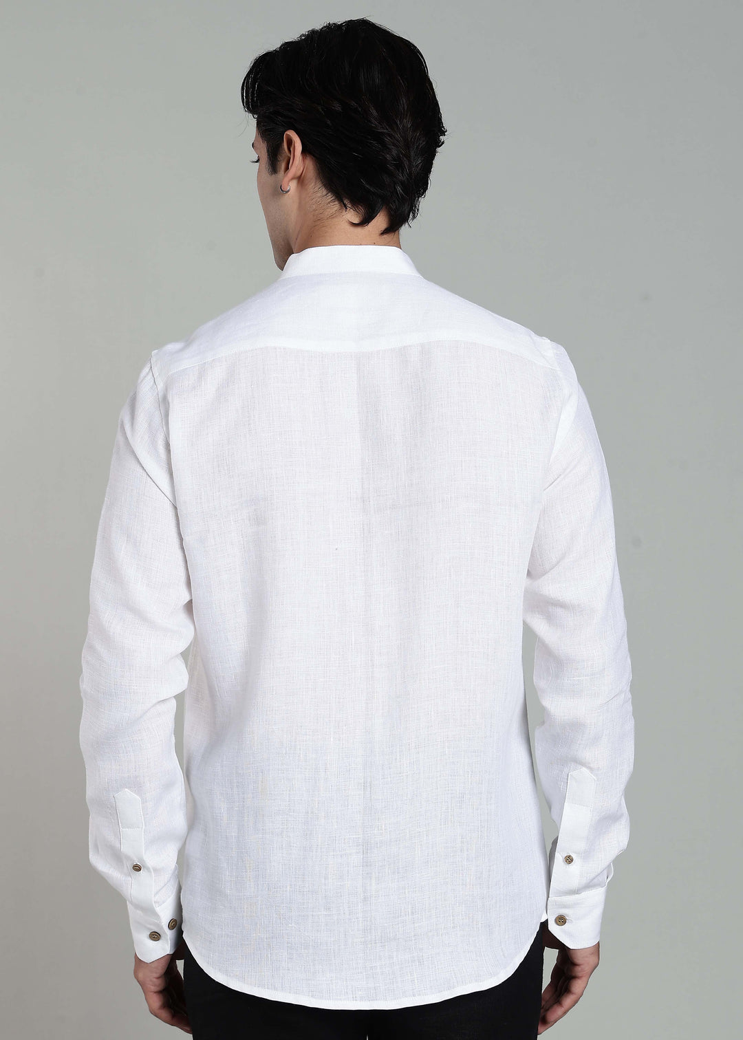 Asahi - Pure Linen Full Sleeve Mandarin Collar Embroidered Shirt - White