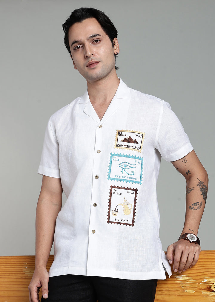 Serq - Pure Linen Half Sleeve Cuban Collar Shirt with Egypt Inspired Embroidery - White