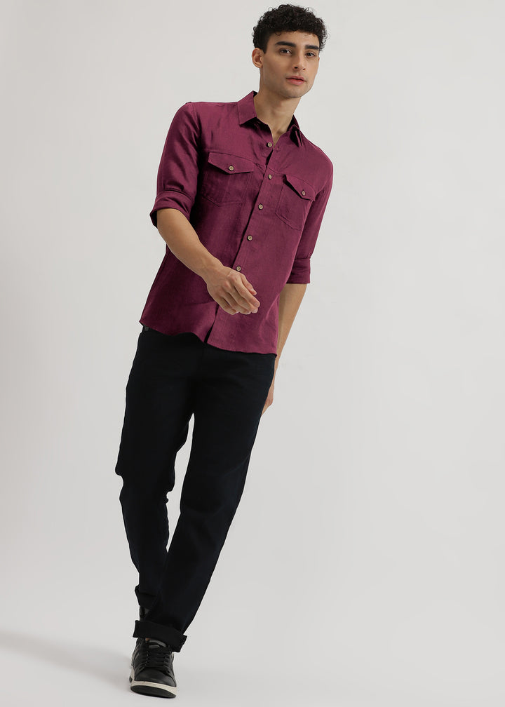 Thomas - Pure Linen Double Pocket Full Sleeve Shirt - Twilight Purple