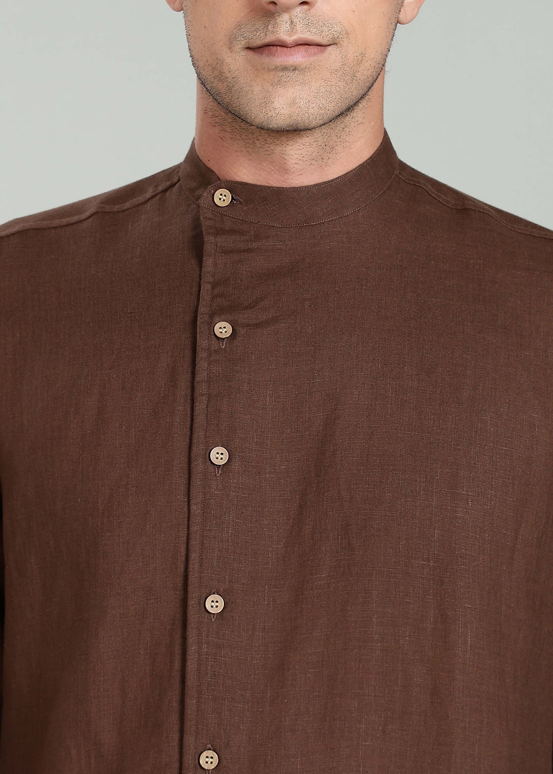 Floyd Shirt - Pure Linen Mandarin Collar Shirt - Coffee Brown