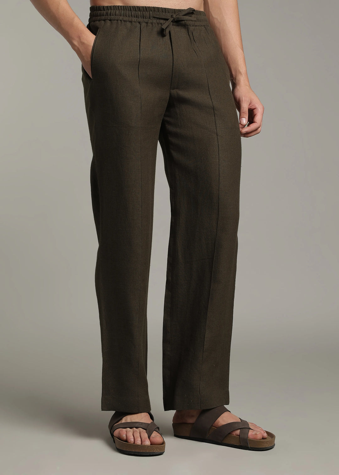 Art Pants - Pure Linen Elastic Casual Pants with Drawstrings - Camo Green