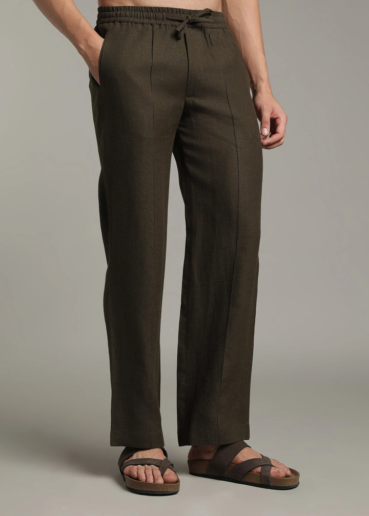 Art Pants - Pure Linen Elastic Casual Pants with Drawstrings - Camo Green