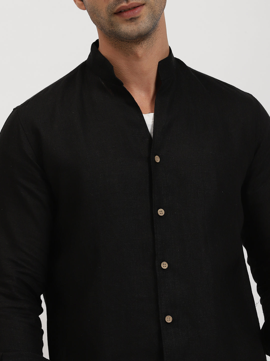 Craig - Pure Linen V Neck Full Sleeve Shirt - Black