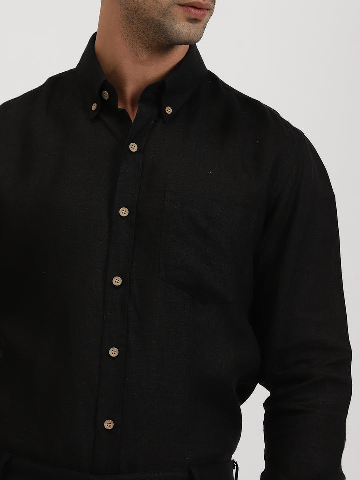 Austin - Pure Linen Button Down Full Sleeve Shirt - Black