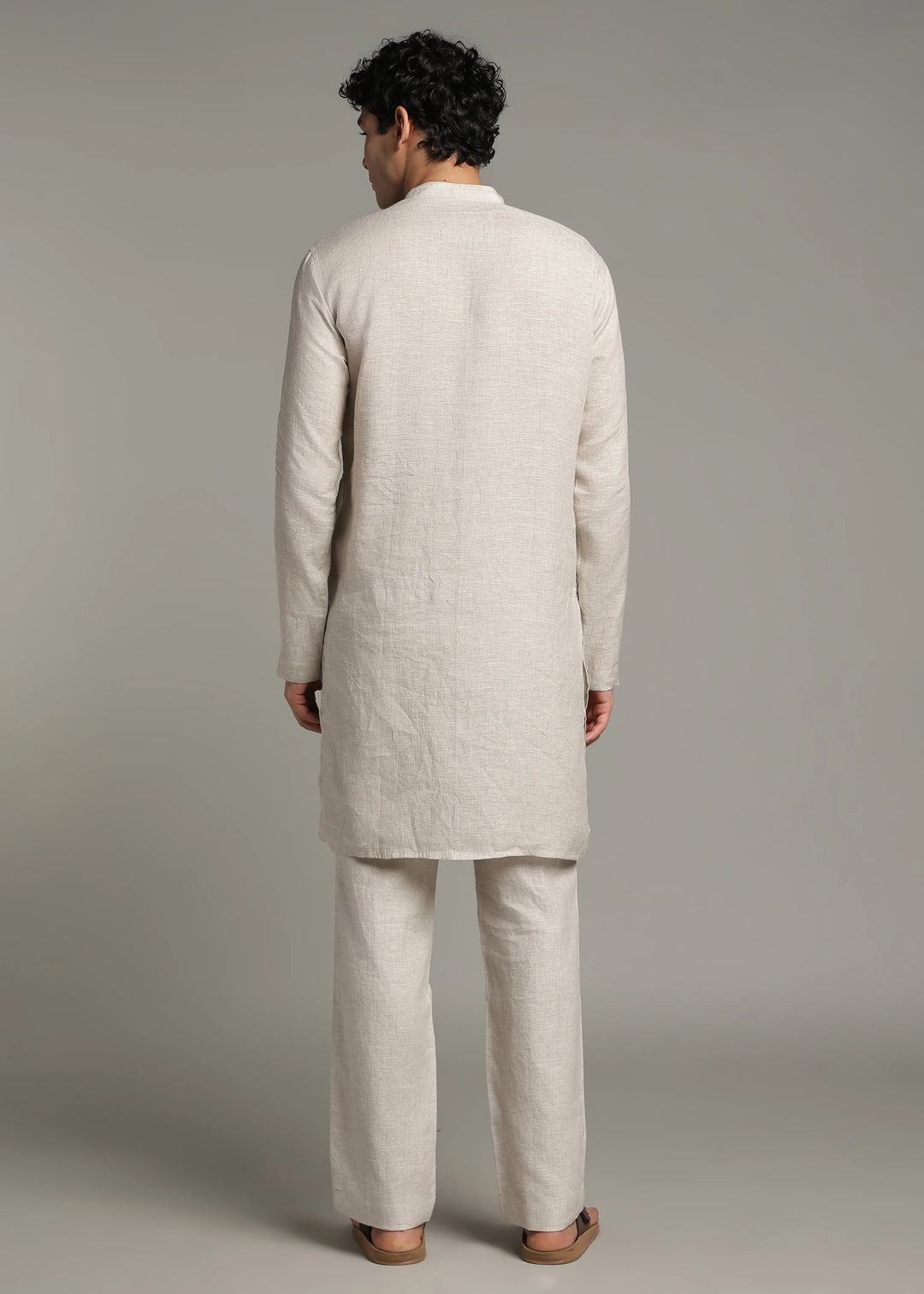 Vansh - Pure Linen Regular Kurta with Printed Placket detail - Ecru