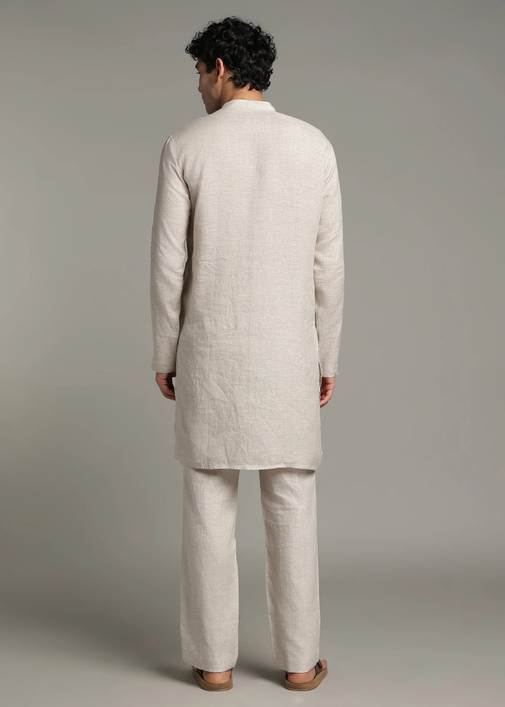 Vansh - Pure Linen Regular Kurta with Printed Placket detail - Ecru