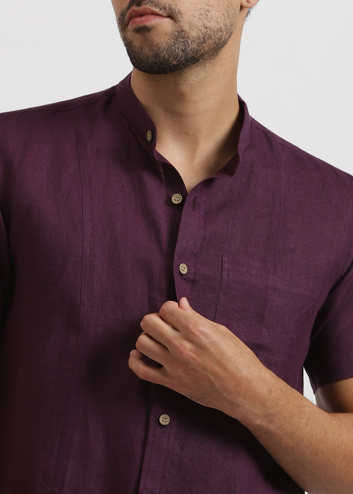 Trevor - Pure Linen Mandarin Collar Half Sleeve Shirt - Dark Purple
