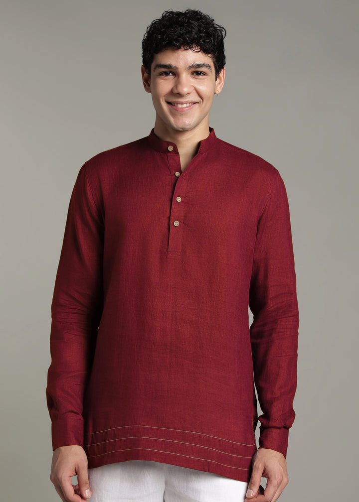 Saif - Pure Linen Full Sleeve Short Kurta with Hem Stitch Detail - Red Wine