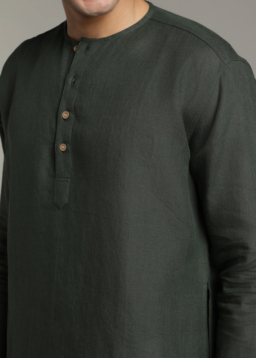 Zouq - Full Sleeve Collarless Pure Linen Mid Kurta  - Dark Fern Green
