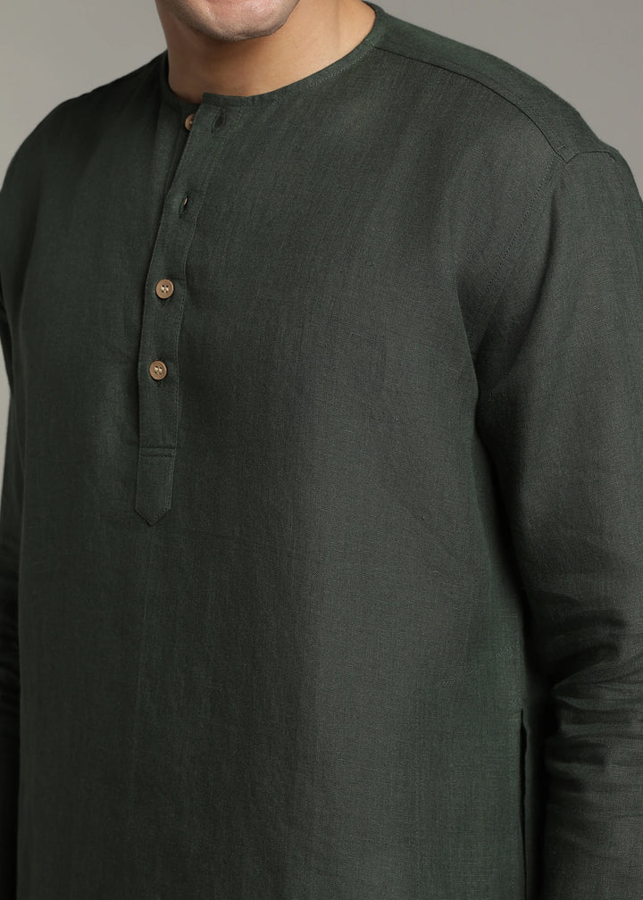 Zouq - Full Sleeve Collarless Pure Linen Mid Kurta  - Dark Fern Green