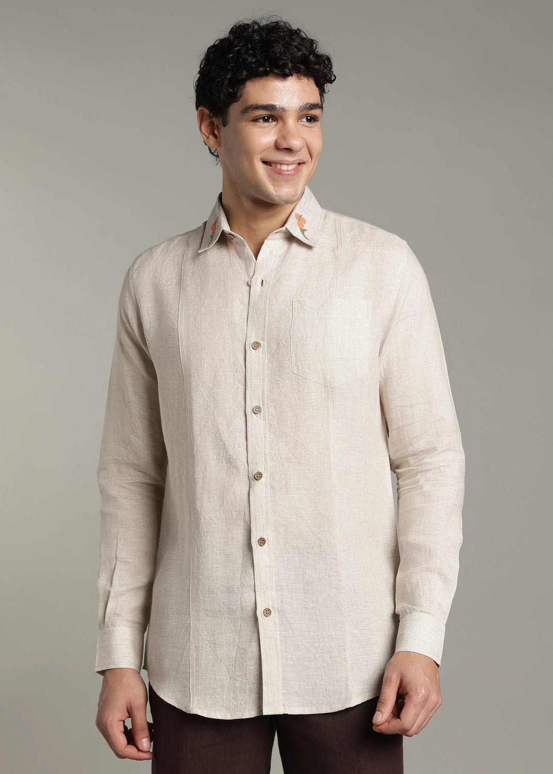 Amber - Pure Linen Full Sleeve Shirt with Embroidered Collar - Ecru