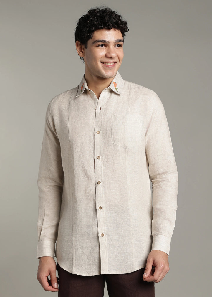 Amber - Pure Linen Full Sleeve Shirt with Embroidered Collar - Ecru