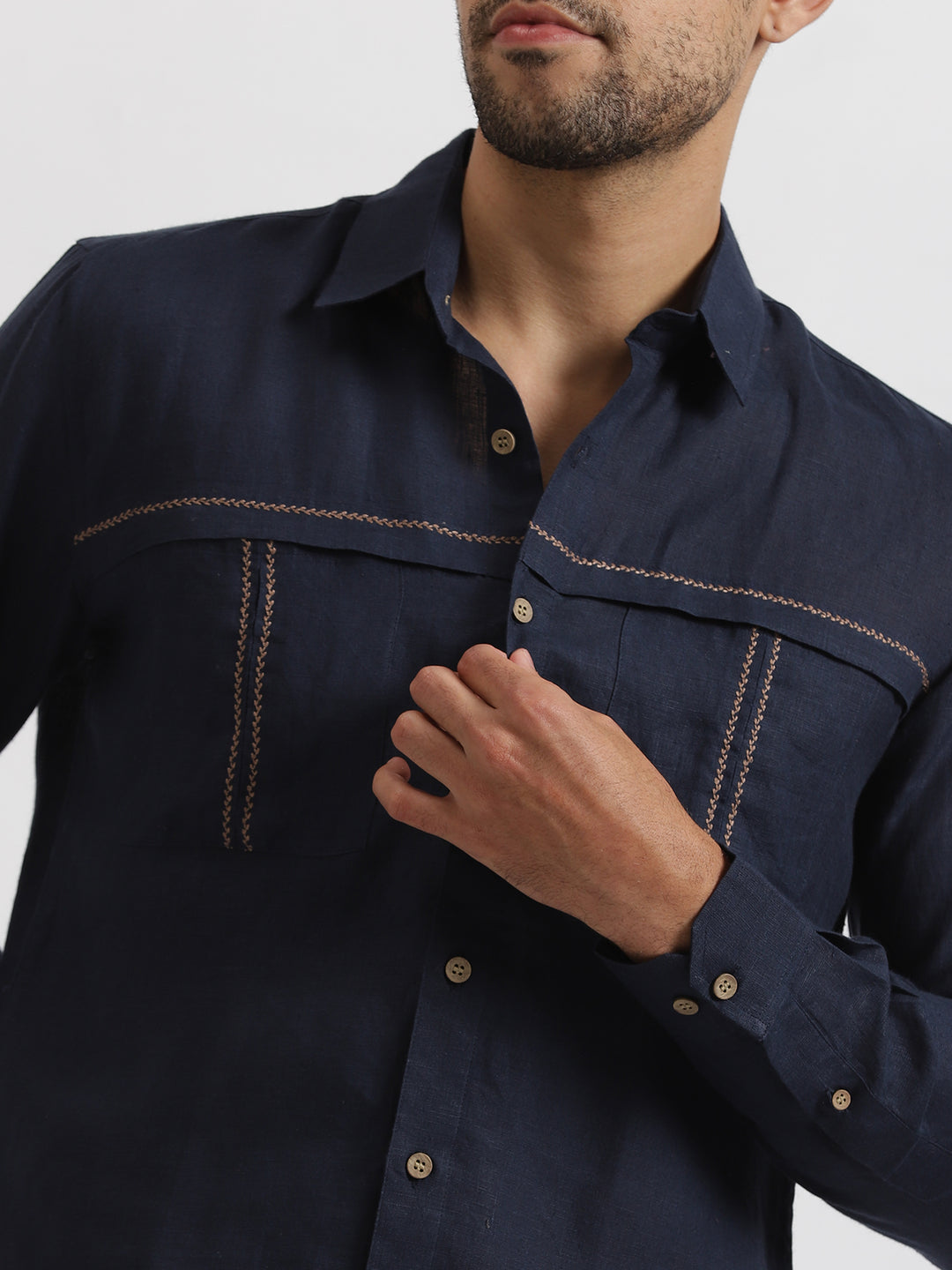 Xander - Pure Linen Double Pocket Embroidered Full Sleeve Shirt - Dark Blue