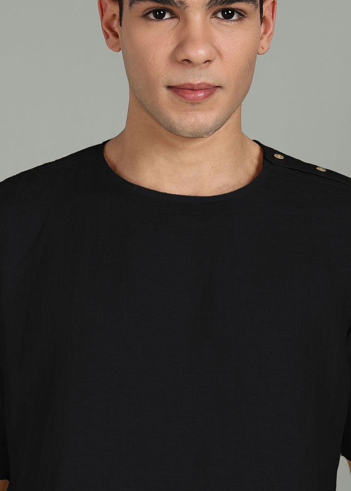 Arden - Pure Linen Button Detail T-Shirt - Black