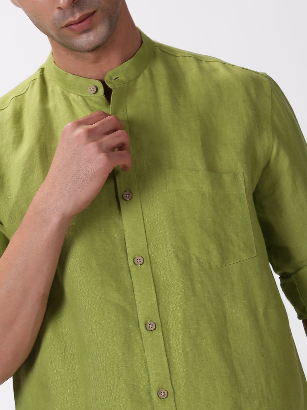 Enzo - Pure Linen Mandarin Collar Full Sleeve Shirt - Peridot Green