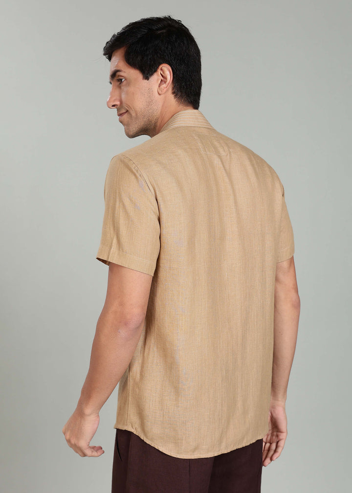 Sean Shirt - Pure Linen Half Sleeve Shirt with Concealed Placket - Oakwood Brown