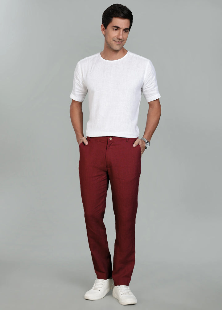 Ian Pure Linen Trousers - Dark Maroon
