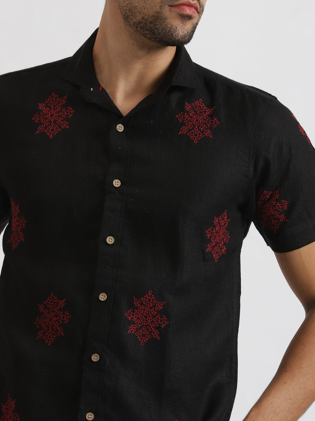 Shane - Pure Linen Embroidered Half Sleeve Shirt - Black & Red