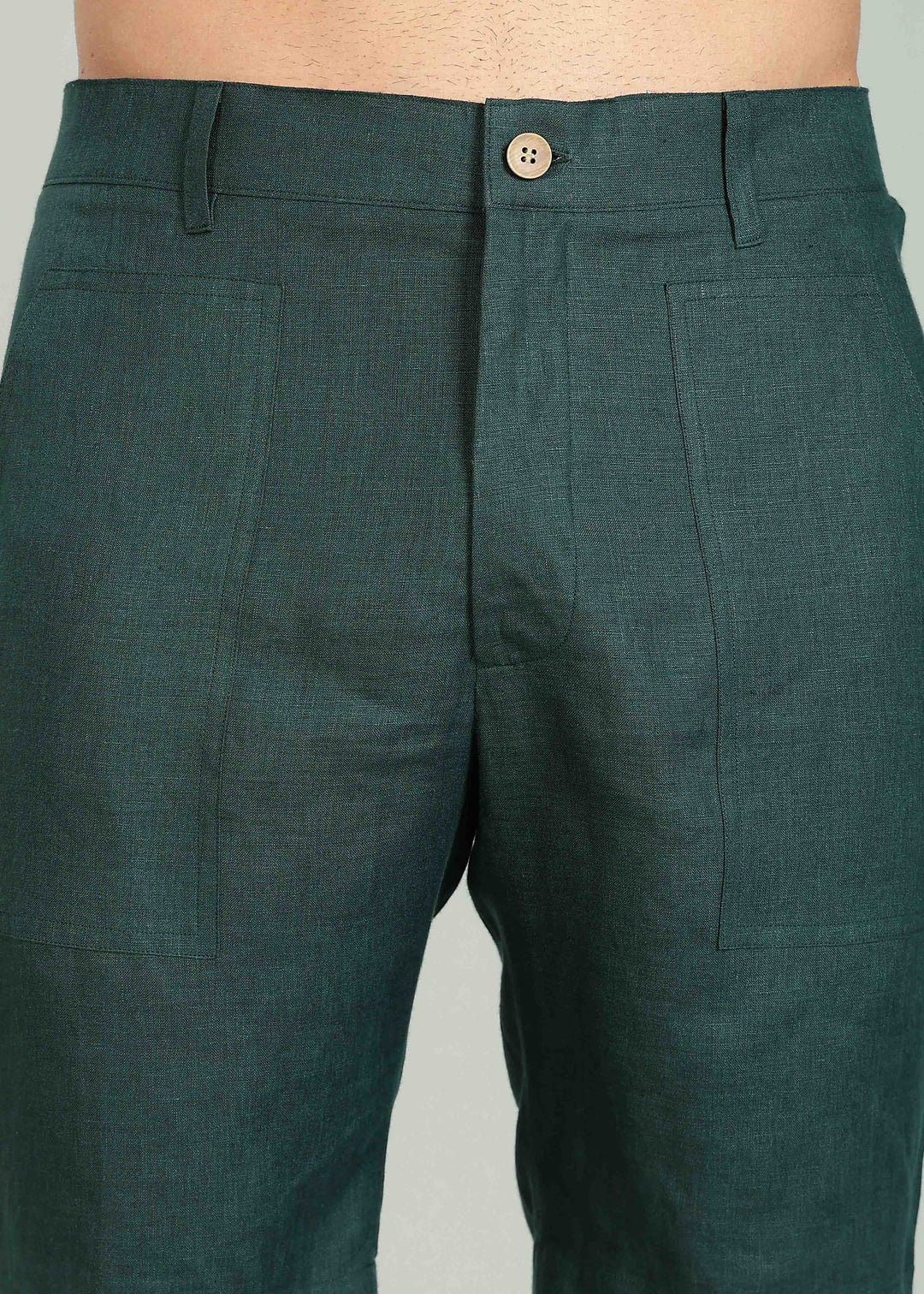Noel Shorts - Pure Linen Shorts with Patch Pocket - Dark Pine Green