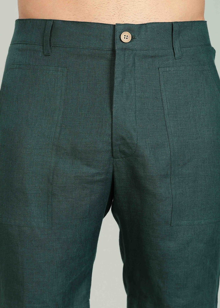 Noel Shorts - Pure Linen Shorts with Patch Pocket - Dark Pine Green
