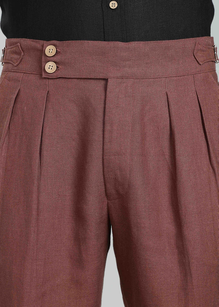 Wes Pants - Pure Linen Pleated Trousers with Adjustable Waistband - Amber Brown