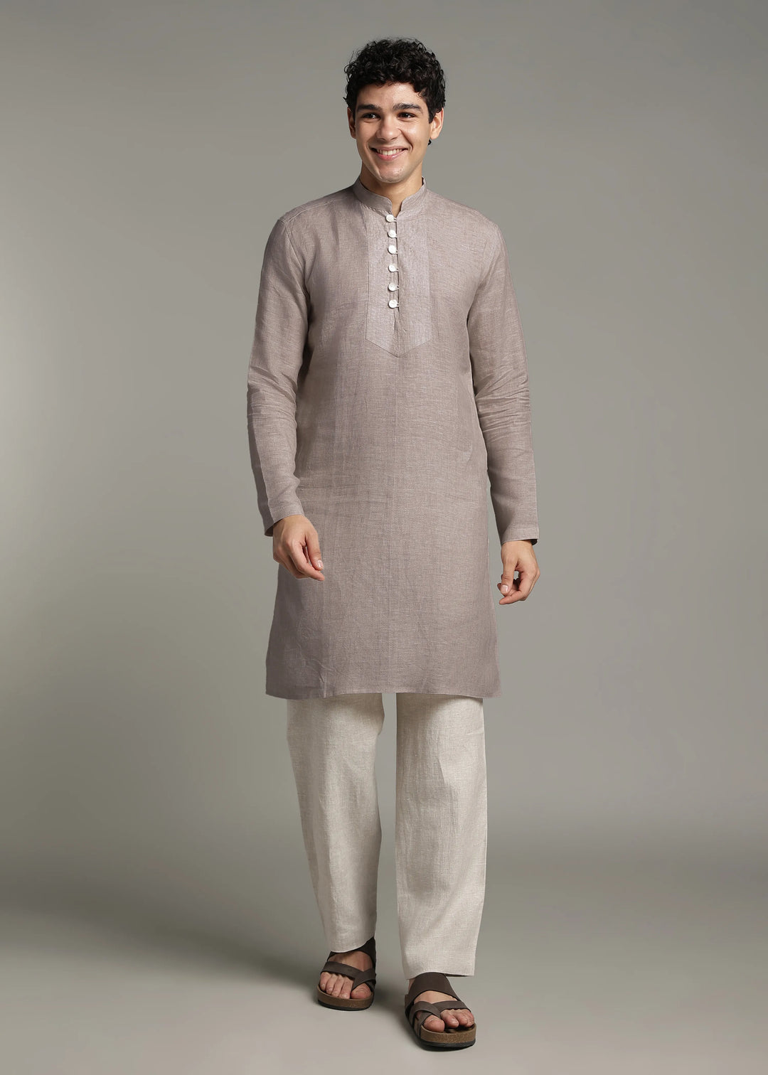 Taj - Pure Linen Long Kurta with Yolk Stitch Detail and Mother Of Pearl Buttons - Fawn Brown