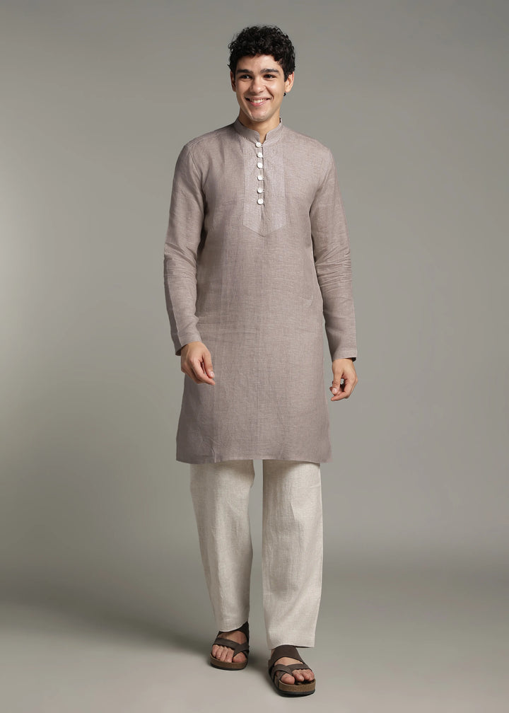 Taj - Pure Linen Long Kurta with Yolk Stitch Detail and Mother Of Pearl Buttons - Fawn Brown
